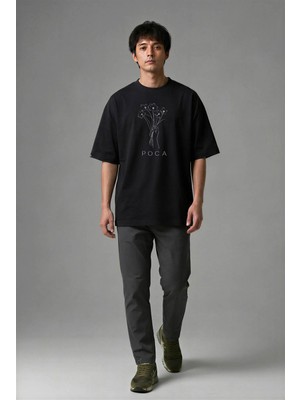 Posh Cabal F01123 Baskılı Oversize Siyah Erkek T-Shirt