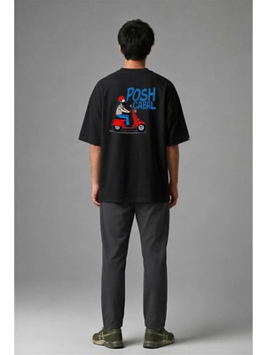Posh Cabal A02120 Baskılı Oversize Siyah Erkek T-Shirt