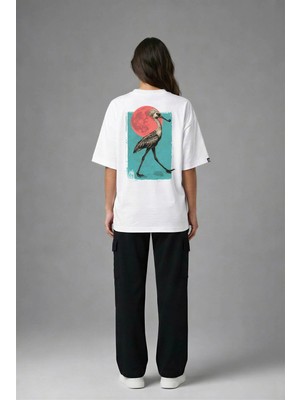 Posh Cabal A02123 Baskılı Oversize Beyaz Kadın T-Shirt