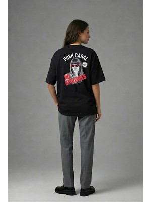 Posh Cabal A01024 Baskılı Oversize Siyah Kadın T-Shirt
