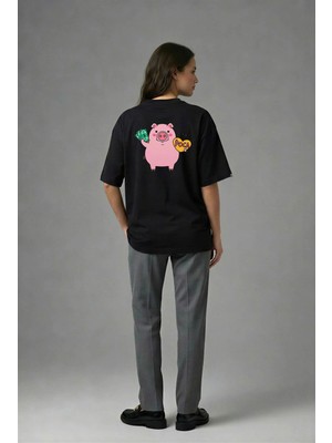 Posh Cabal A02024 Baskılı Oversize Siyah Kadın T-Shirt