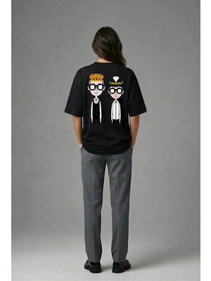 Posh Cabal A02027 Baskılı Oversize Siyah Kadın T-Shirt