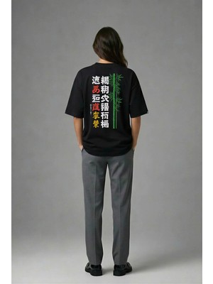 Posh Cabal A01032 Baskılı Oversize Siyah Kadın T-Shirt