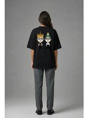 Posh Cabal A02028 Baskılı Oversize Siyah Kadın T-Shirt