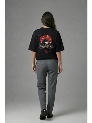 Posh Cabal A01001 Baskılı Oversize Siyah Kadın T-Shirt