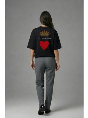 Posh Cabal A02109 Baskılı Oversize Siyah Kadın T-Shirt