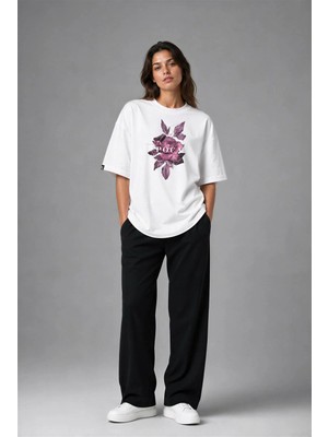 Posh Cabal F02006 Baskılı Oversize Beyaz Kadın T-Shirt