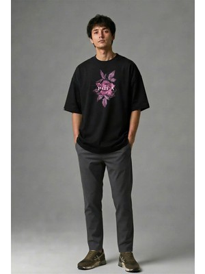 Posh Cabal F02006 Baskılı Oversize Siyah Erkek T-Shirt
