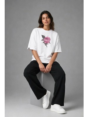 Posh Cabal F02005 Baskılı Oversize Beyaz Kadın T-Shirt