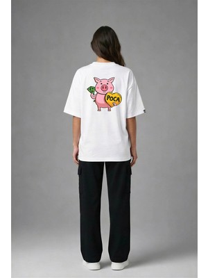 Posh Cabal A02021 Baskılı Oversize Beyaz Kadın T-Shirt