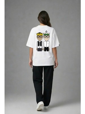 Posh Cabal A02035 Baskılı Oversize Beyaz Kadın T-Shirt