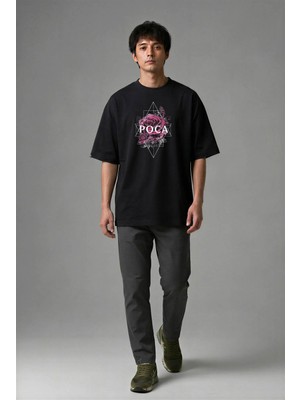 Posh Cabal F02003 Baskılı Oversize Siyah Erkek T-Shirt