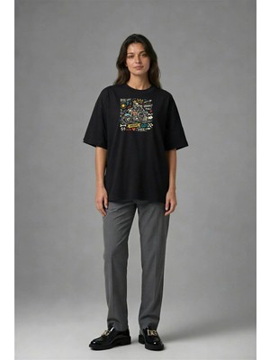 Posh Cabal F01002 Baskılı Oversize Siyah Kadın T-Shirt