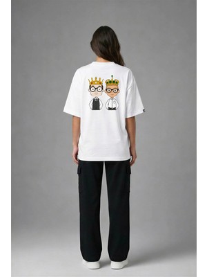 Posh Cabal A02026 Baskılı Oversize Beyaz Kadın T-Shirt