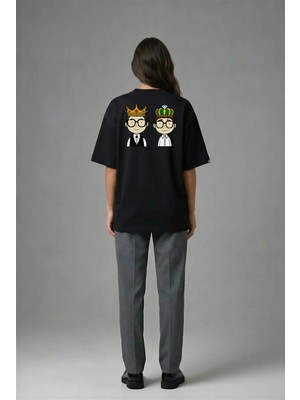 Posh Cabal A02033 Baskılı Oversize Siyah Kadın T-Shirt