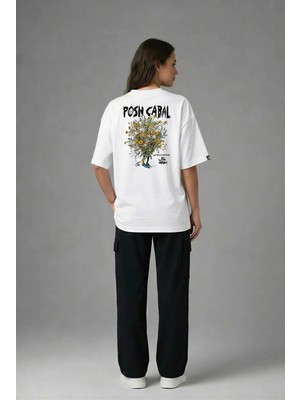 Posh Cabal A03113 Baskılı Oversize Beyaz Kadın T-Shirt