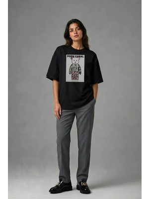 Posh Cabal F01109 Baskılı Oversize Siyah Kadın T-Shirt