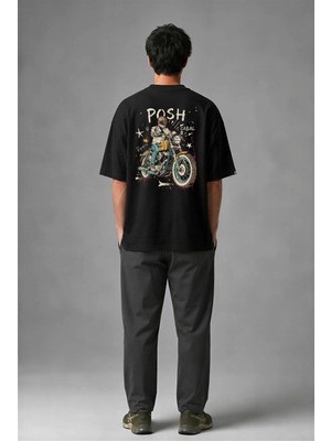 Posh Cabal A01004 Baskılı Oversize Siyah Erkek T-Shirt