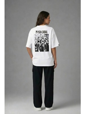 Posh Cabal A03118 Baskılı Oversize Beyaz Kadın T-Shirt