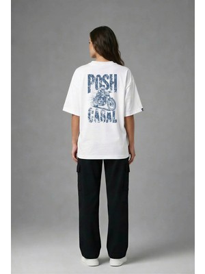 Posh Cabal A03063 Baskılı Oversize Beyaz Kadın T-Shirt