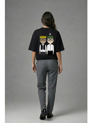 Posh Cabal A02035 Baskılı Oversize Siyah Kadın T-Shirt