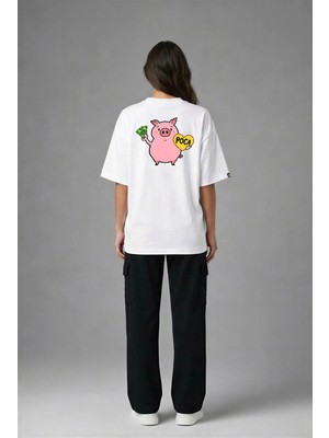 Posh Cabal A02023 Baskılı Oversize Beyaz Kadın T-Shirt