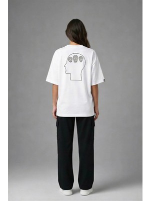 Posh Cabal A02043 Baskılı Oversize Beyaz Kadın T-Shirt