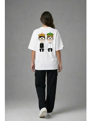 Posh Cabal A02030 Baskılı Oversize Beyaz Kadın T-Shirt