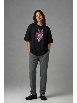 Posh Cabal F02006 Baskılı Oversize Siyah Kadın T-Shirt