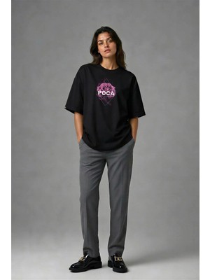 Posh Cabal F01006 Baskılı Oversize Siyah Kadın T-Shirt