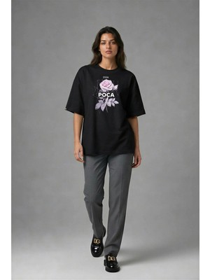 Posh Cabal F01008 Baskılı Oversize Siyah Kadın T-Shirt