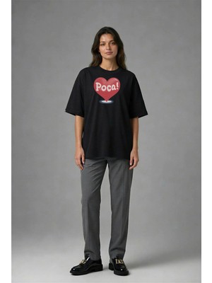 Posh Cabal F02017 Baskılı Oversize Siyah Kadın T-Shirt
