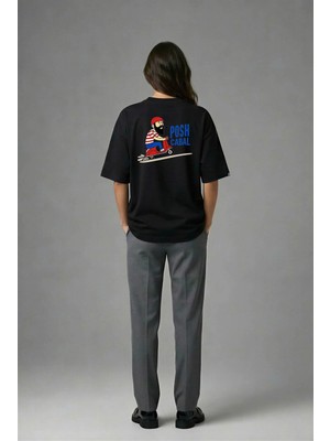 Posh Cabal A02121 Baskılı Oversize Siyah Kadın T-Shirt