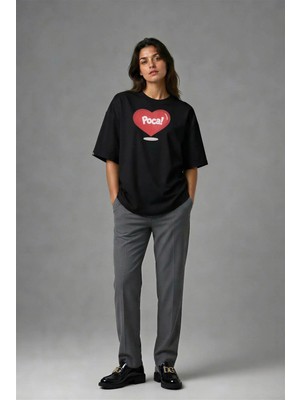Posh Cabal F02016 Baskılı Oversize Siyah Kadın T-Shirt