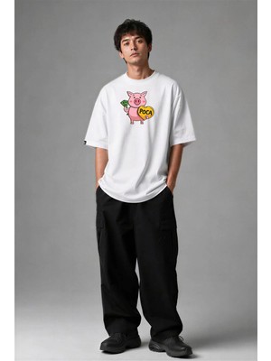 Posh Cabal F02021 Baskılı Oversize Beyaz Erkek T-Shirt
