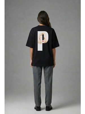 Posh Cabal A02115 Baskılı Oversize Siyah Kadın T-Shirt