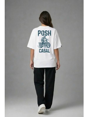 Posh Cabal A03094 Baskılı Oversize Beyaz Kadın T-Shirt