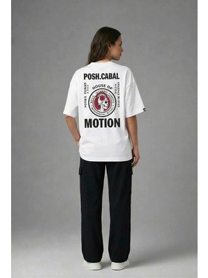 Posh Cabal A03103 Baskılı Oversize Beyaz Kadın T-Shirt
