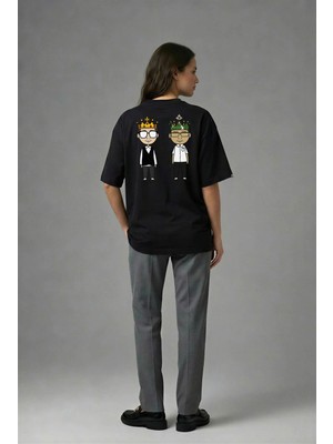Posh Cabal A02034 Baskılı Oversize Siyah Kadın T-Shirt