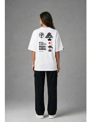 Posh Cabal A03146 Baskılı Oversize Beyaz Kadın T-Shirt