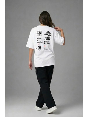 Posh Cabal A03147 Baskılı Oversize Beyaz Kadın T-Shirt