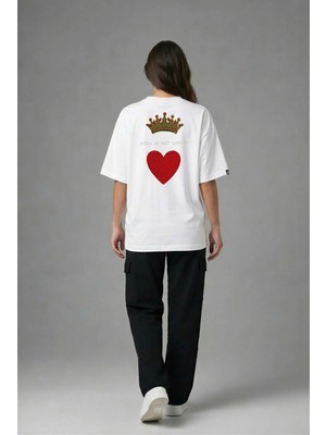 Posh Cabal A02109 Baskılı Oversize Beyaz Kadın T-Shirt