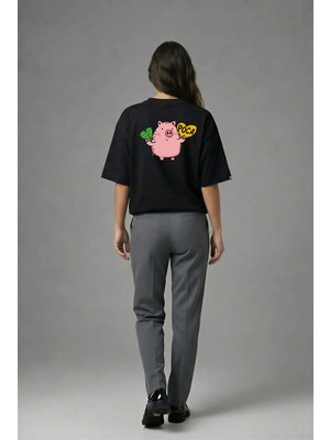 Posh Cabal A02025 Baskılı Oversize Siyah Kadın T-Shirt
