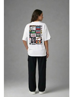 Posh Cabal A03083 Baskılı Oversize Beyaz Kadın T-Shirt