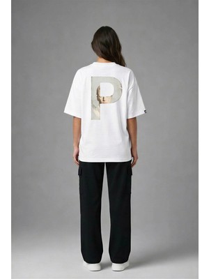 Posh Cabal A02117 Baskılı Oversize Beyaz Kadın T-Shirt