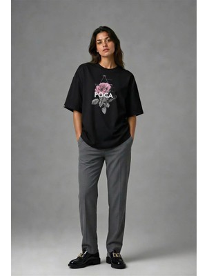 Posh Cabal F02001 Baskılı Oversize Siyah Kadın T-Shirt