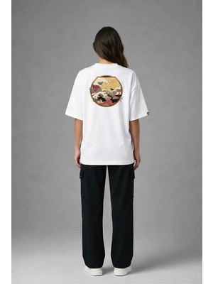 Posh Cabal A02142 Baskılı Oversize Beyaz Kadın T-Shirt