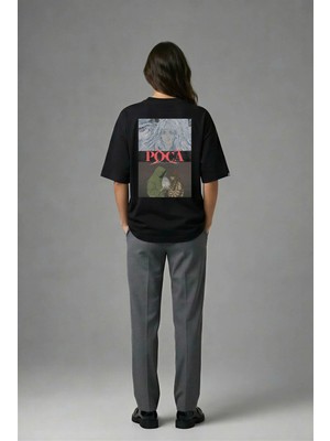 Posh Cabal A02037 Baskılı Oversize Siyah Kadın T-Shirt