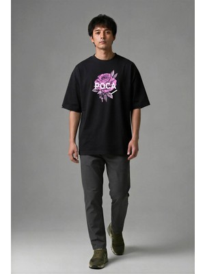 Posh Cabal F01013 Baskılı Oversize Siyah Erkek T-Shirt