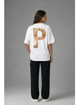 Posh Cabal A02113 Baskılı Oversize Beyaz Kadın T-Shirt